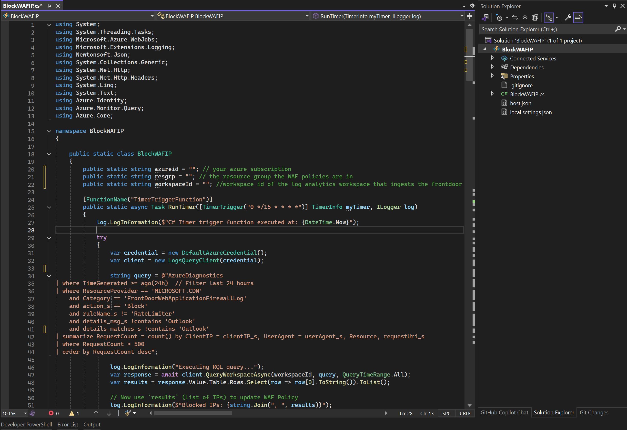 Visual Studio showing BlockWAFIP.cs timer function with KQL query against Front Door WAF logs
