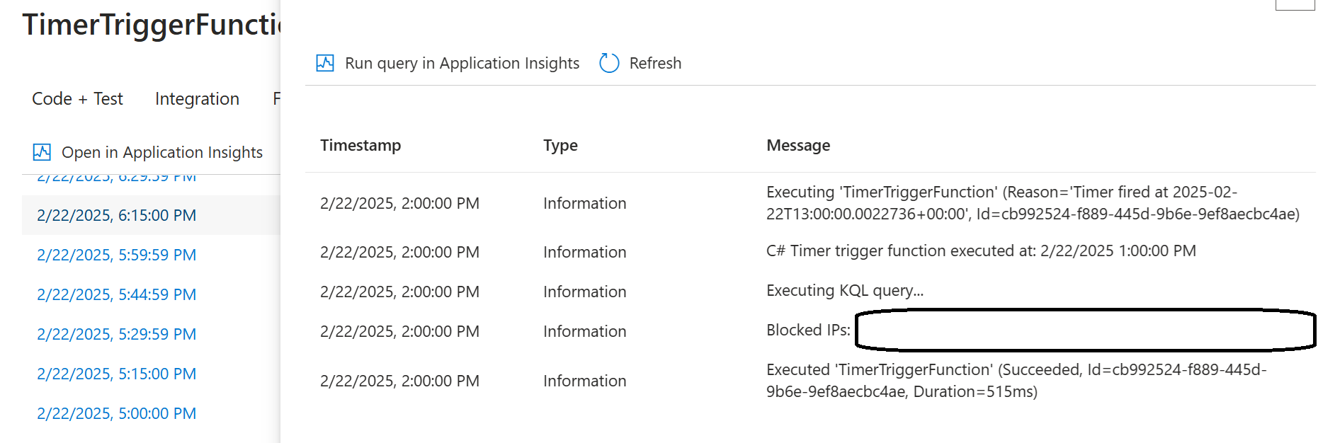 Function execution log showing KQL query run and Blocked IPs result with addresses redacted