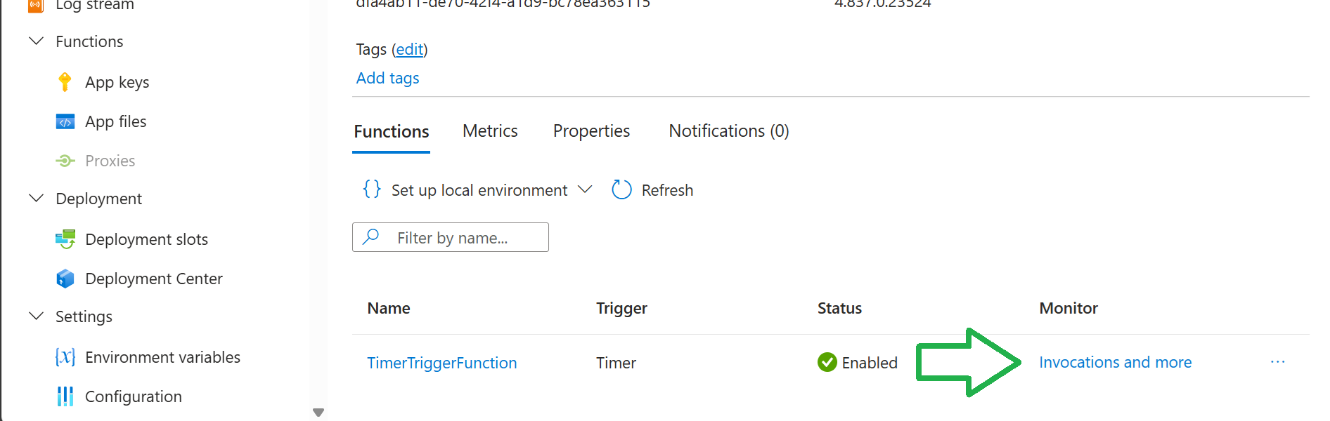 Azure portal Functions list showing TimerTriggerFunction enabled with Invocations and more monitor link
