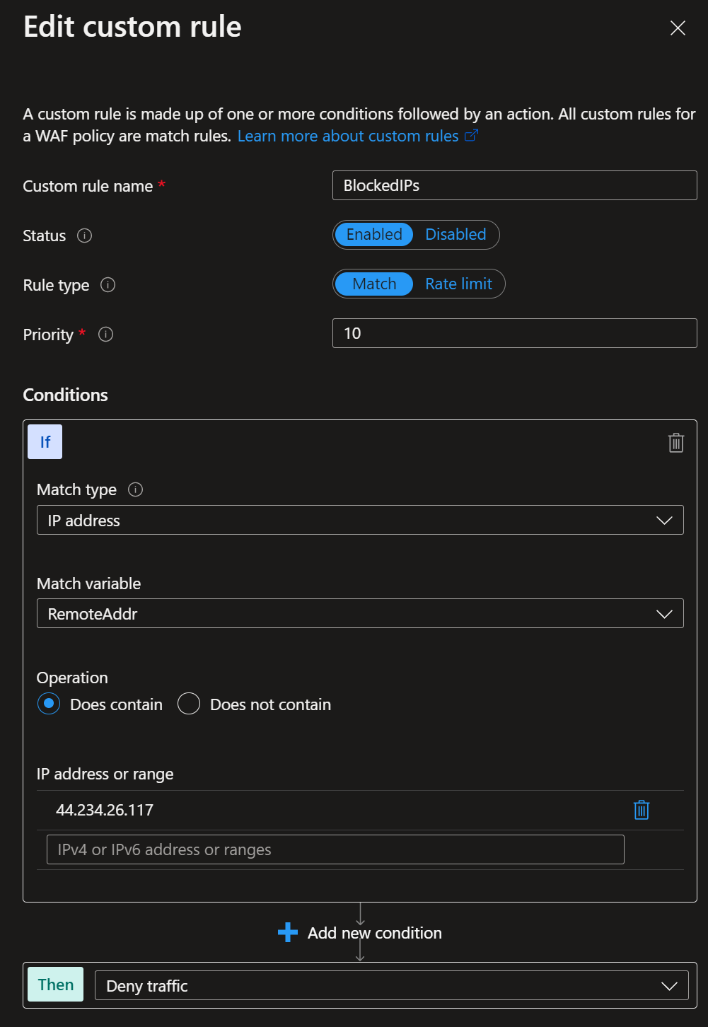 Azure portal Edit custom rule panel for BlockedIPs with IP address match and Deny traffic action